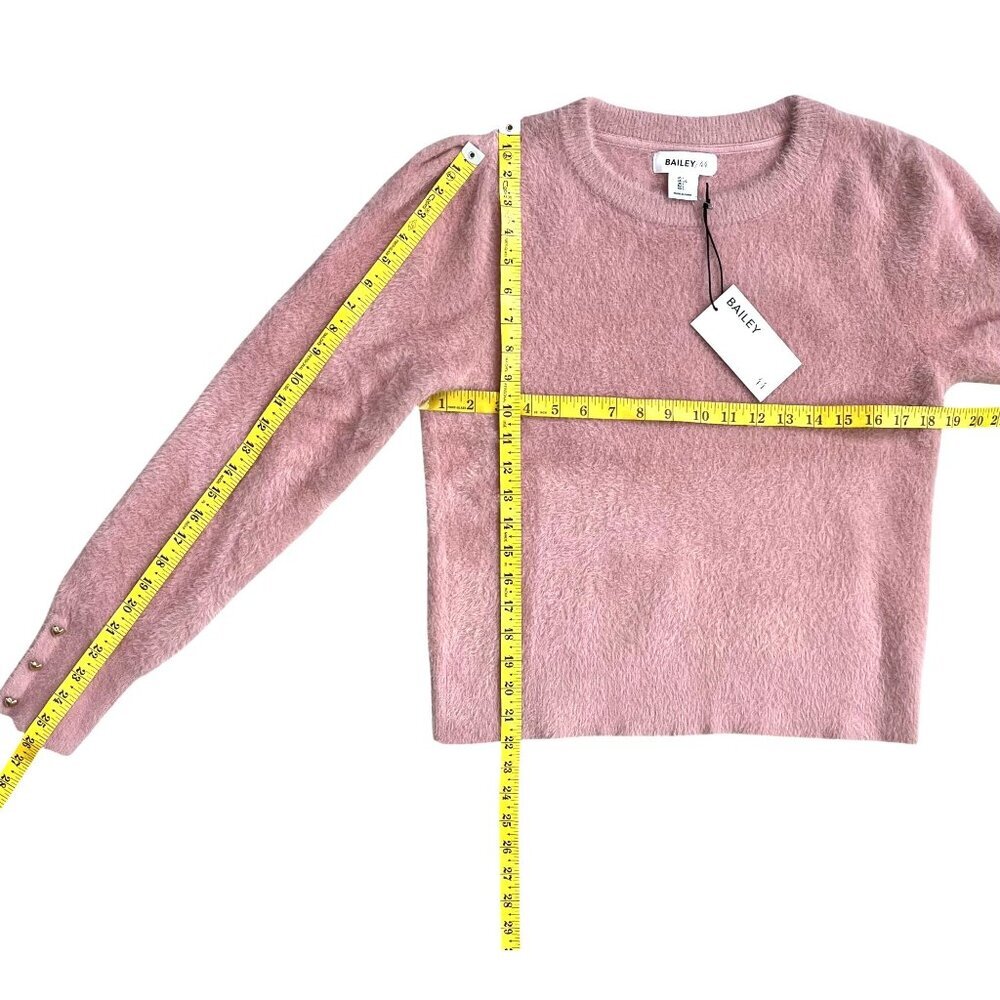 Bailey 44 Pink Fuzzy Sweater Gold Heart Button Cuff Crewneck Size L NWT - Picture 7 of 8
